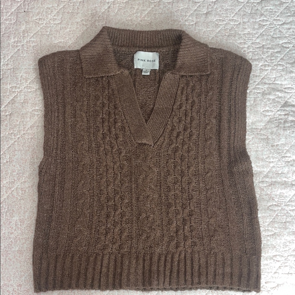 Pink Rose Women's V-Neck Brown Sweater Vest